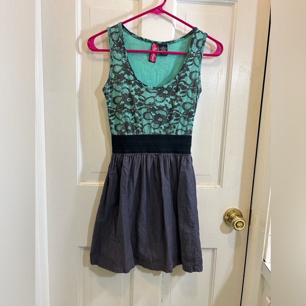 Say What? Teal and Gray Lace Mini Dress